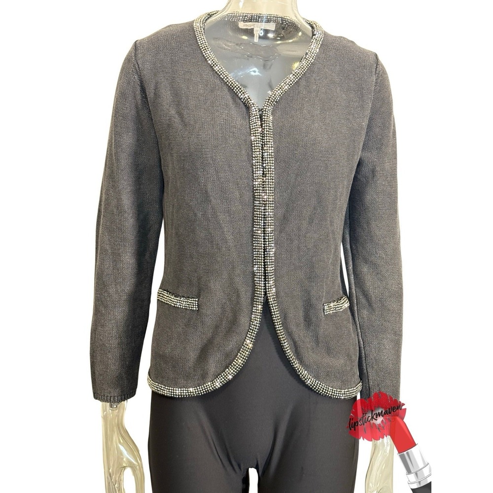 Maje Cardigan Womens Size 2 / Medium Gray Beaded Bling Trim Linen Cotton Blend